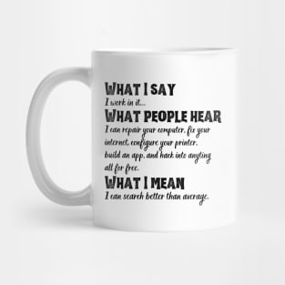 What I say, what people hear funny tech support sysadmin geek nerd Mug